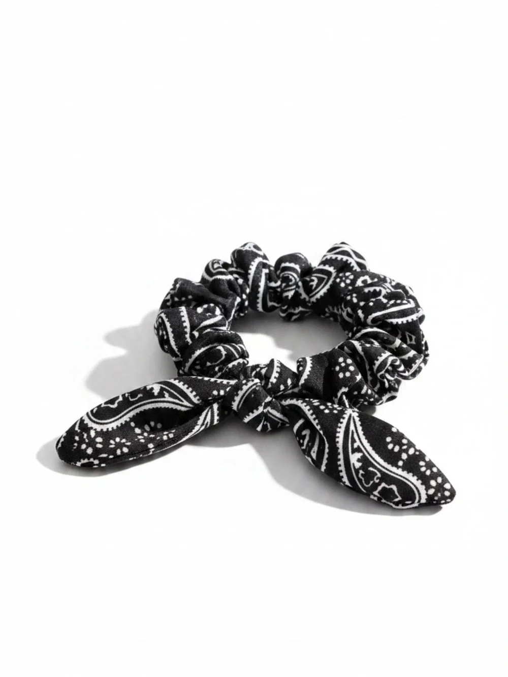 Black Paisley Bandana Floral Flower Western Wired Trailing Ribbon Scrunchie